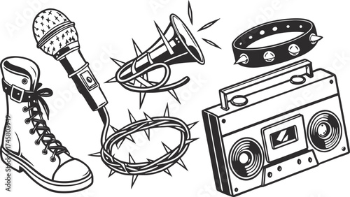 Collection of rebellious and iconic punk rock symbols including a microphone spiked collar combat boot cassette player and horn with thorns