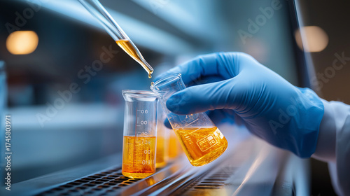 Chemical resistant gloves pouring liquid into labeled beaker fume hood defocused lab safety quality testing sample analysis production QA hygiene with copy space