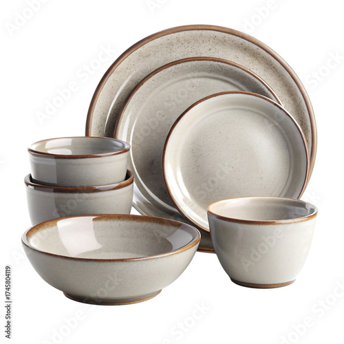 Rustic stoneware dinnerware set with plates and bowls isolated on transparent background