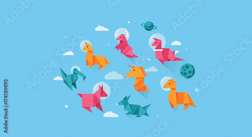Cute origami dinosaurs in space with astronaut helmets.