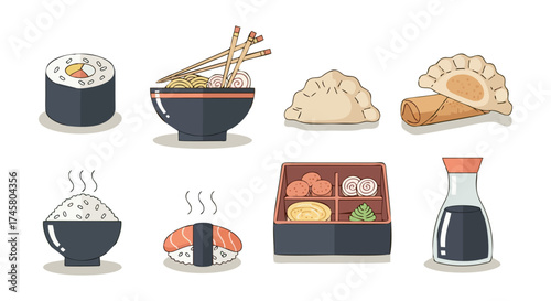 A collection of eight delicious and diverse Japanese food items, including sushi, ramen, dumplings, and more, presented in a visually appealing arrangement.