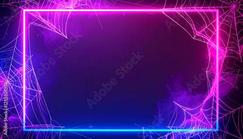 Neon pink and blue glowing rectangular frame with spiderweb accents and smoky atmosphere, moody Halloween party background, electric color vibe