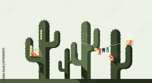 Desert cacti with clothesline and birdhouse illustration.
