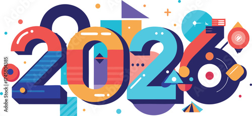 Vibrant abstract graphic design featuring the year 2026 in bold colorful geometric shapes and patterns for celebrations and events