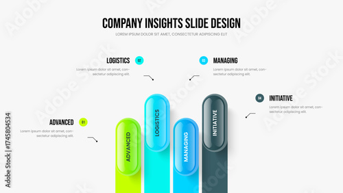 Company Performance Four Element Infographic Slideshow Design. Market Proposal 4 Option Diagram Frame Template. Advertising Insight Presentation Layout Vector Illustration.