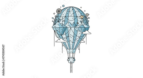 Detailed illustration of a whimsical hot air balloon floating in the sky.