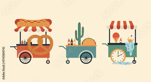 Diverse Food Carts - Hot Dogs, Tacos, and Ice Cream.
