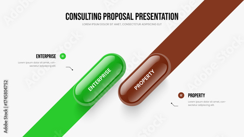 Sales Growth Slide Design Vector Illustration. Creative Innovation Two Option Diagram Slideshow Template. Modern Forecast 2 Step Infographic Frame Layout.