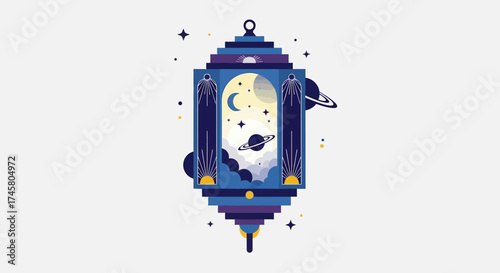 Elegant blue lantern with celestial design and cosmic elements.