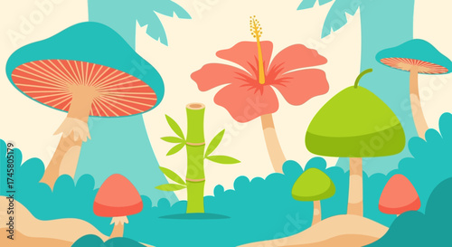 Enchanted Forest Scene with Exotic Plants and Fungi.
