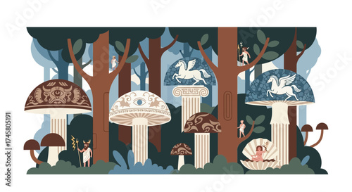 Enchanted Forest Mushrooms with Mythical Creatures.