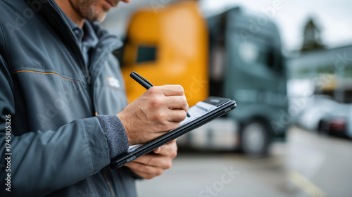 Tablet stylus signing ePOD on dock handoff faceless trailer bay defocused proof of delivery logistics tech contactless shipping docs with copy space