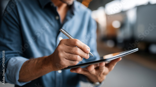 Tablet stylus signing ePOD on dock handoff faceless trailer bay defocused proof of delivery logistics tech contactless shipping docs with copy space