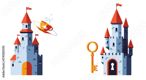 Fairytale Castles with Magical Elements and Transportation.