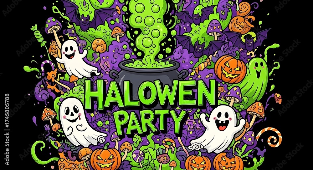 Fototapeta premium Spooky halloween party invitation with ghosts pumpkins and witchs brew