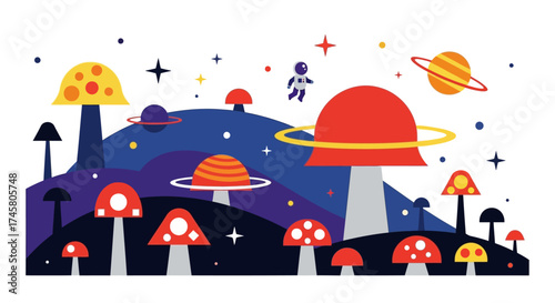 Fantastical alien world with giant colorful space mushrooms.