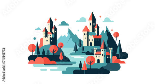 Fantasy Castle Landscape with Mountains and Trees.