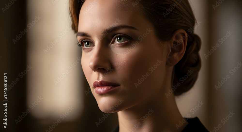Fototapeta premium Close-up portrait of an elegant woman with cinematic studio lighting, showcasing her refined features and poised expression.