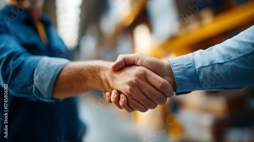 Bro handshake between two workers cropped at shoulders pallet stacks defocused warehouse camaraderie teamwork blue collar friendly gesture distribution center soft blur with