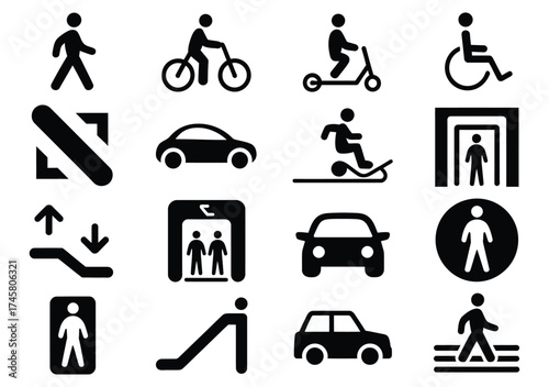 Urban mobility icon collection vector set including transportation and accessibility silhouettes for pedestrian bicycle scooter wheelchair car subway bus and elevator perfect for city planning and tra