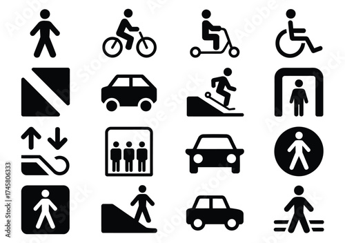 Urban mobility icon collection vector set including transportation and accessibility silhouettes for pedestrian bicycle scooter wheelchair car subway bus and elevator perfect for city planning and tra