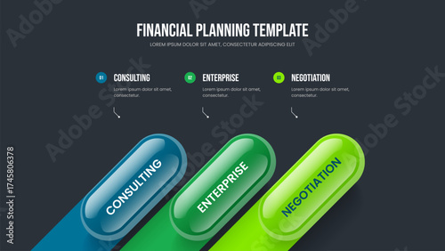 Project Development Slide Design Vector Illustration. Enterprise Showcase 3 Element Infographic Frame Layout. Product Campaign Three Step Diagram Presentation Template.