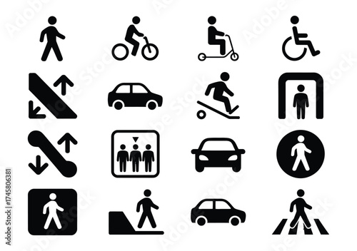 Collection of urban mobility and transportation icons in vector format featuring pedestrian bicycle scooter wheelchair car subway bus and elevator silhouettes for modern city design and accessibility 
