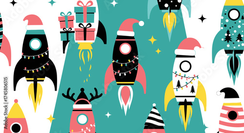 Festive Rockets in Santa Hats - A Whimsical Christmas Space Adventure.