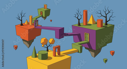 Floating colorful geometric structures connected by bridges in a surreal landscape.