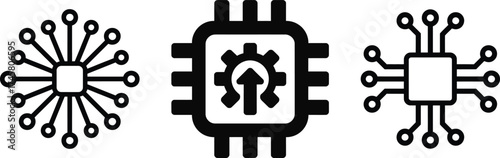 Three stylized computer chip icons with different connection styles and internal gears symbol.