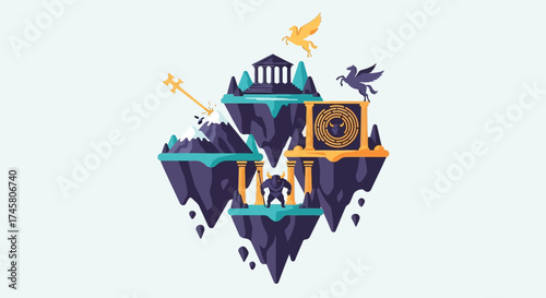 Floating Islands with Ancient Structures and Mythological Elements.