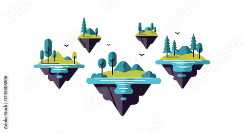 Floating Islands with Trees and Greenery in a Cartoon Style.