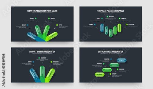 Visual Profile Four Five Three Step Infographic Slide Layout Vector Illustration Bundle. Market Campaign 4 5 3 Element Diagram Slideshow Design Collection.