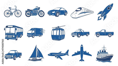 Flat Blue Transportation Icon Set – Bicycle, Car, Motorcycle, Bus, Taxi, Truck, Train, Rocket, Airplane, Ship, Sailboat, Cable Car, Coach – Transport Icons Illustration