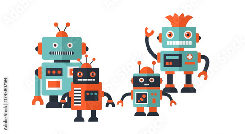 Four colorful cartoon robots with various expressions and features.