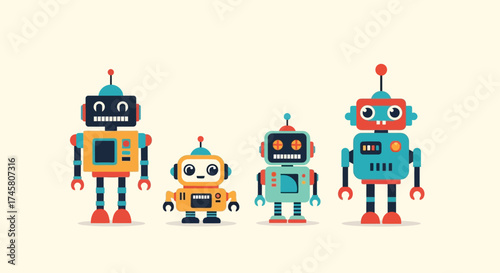 Four colorful robots standing together in a row, a fun illustration.