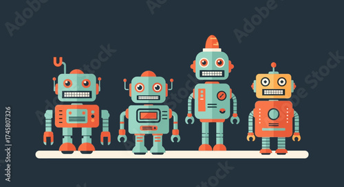 Four colorful robots standing together on a white surface against a dark background.