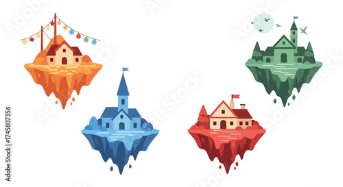 Four fantasy floating islands with castles and houses.