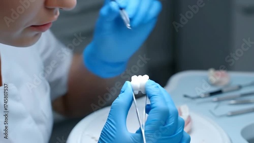 Dental Technician Working on Prosthetic Tooth - A focused dental technician, wearing blue gloves, meticulously works on a prosthetic tooth using precision instruments.
