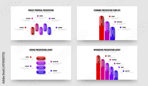 Project Strategy 5 3 4 Option Infographic Slide Layout Bundle. Investor Introduction Five Three Four Element Diagram Presentation Design Vector Illustration Collection.