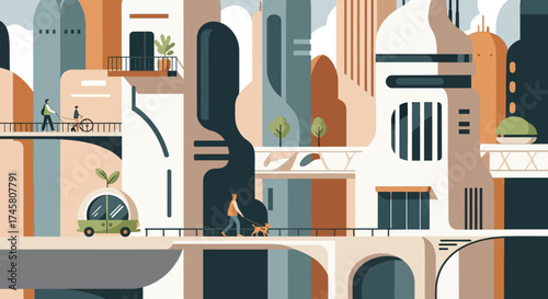 Futuristic city with sustainable transport and architectural marvels.