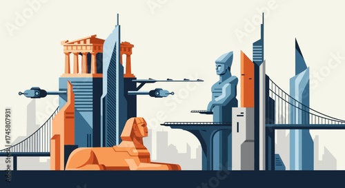 Futuristic Cityscape with Ancient Landmarks and Modern Architecture.