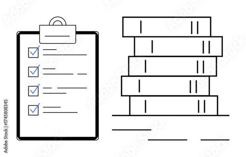 Clipboard with checklist of completed tasks beside a stack of books signifies planning, organization, and study. Ideal for productivity, education, time management, goal setting, record-keeping