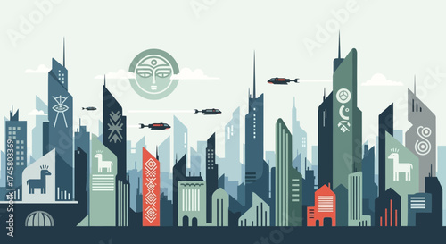 Futuristic Cityscape with Towering Skyscrapers and Flying Vehicles.