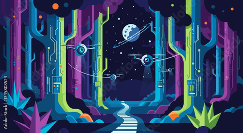 Futuristic Cybernetic Forest with Glowing Circuit Trees.