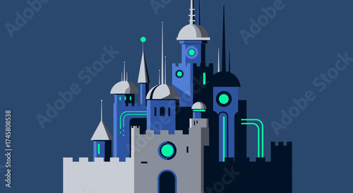 Futuristic Digital Castle with Glowing Elements.