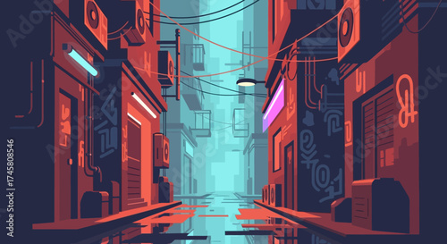 Futuristic cyberpunk alley with glowing neon signs and reflections.