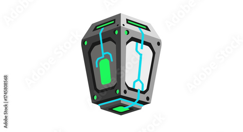 Futuristic energy cell with glowing green core and intricate circuitry design.