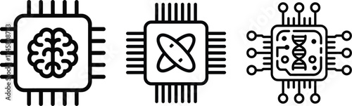 Ai brain dna chip icons representing technological advancements and data processing