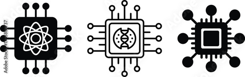Modern technology icons depicting atomic dna and chip designs for innovation and progress